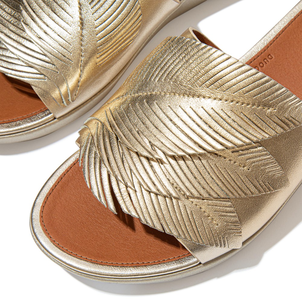 Fitflop Womens Slides - Sola Feather Metallic Leather - Gold - 574-YKDSZT
